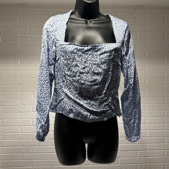 HM Blue Floral Long Sleeve Square Neck Cinched Blouse Top - Picture 1 of 3